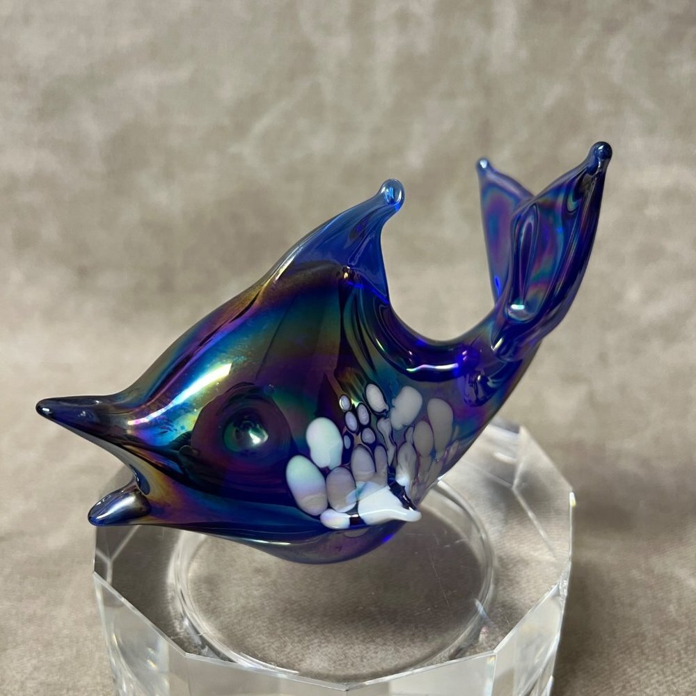 Vintage Iridescent  Blue Hand-Blown Dolphin Solid Glass Figurine/Sculpture-